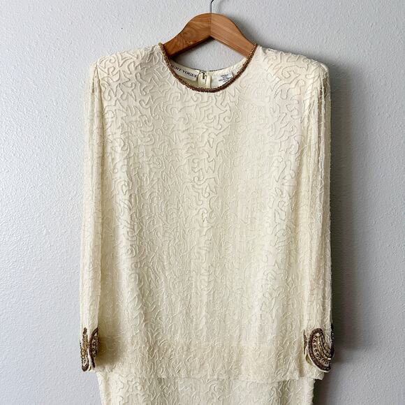 Vintage Night Vogue Cream Silk Beaded Gold Ornate Dress Women’s Size Medium - Picture 2 of 15